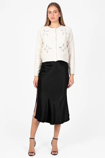 Gianina Side Slit Satin Midi Slip Skirt