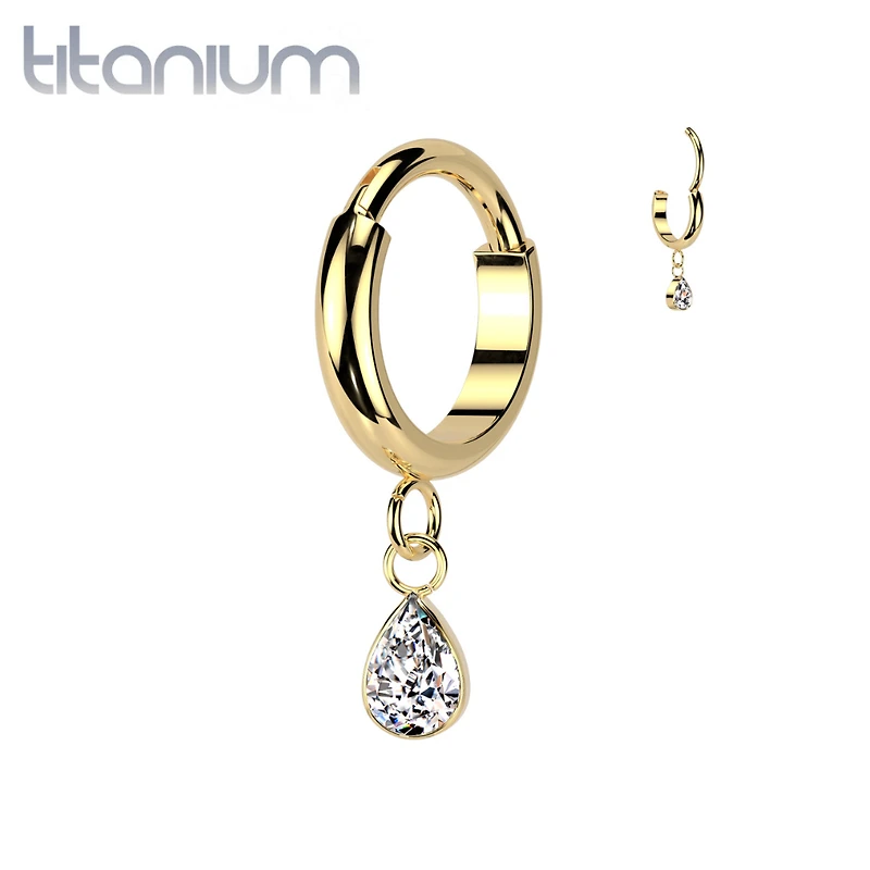 Implant Grade Titanium Gold PVD White CZ Teardrop Dangle Hinged Clicker Hoop