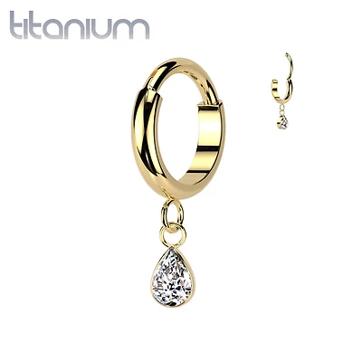 Implant Grade Titanium Gold PVD White CZ Teardrop Dangle Hinged Clicker Hoop