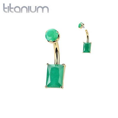 Implant Grade Titanium Gold PVD Green Onyx Rectangle Internally Threaded Belly Ring