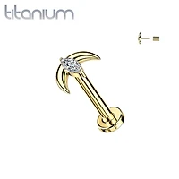 Implant Grade Titanium Gold PVD White CZ Marquise With Crescent Moon Threadless Labret With Flat Back