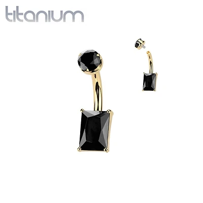 Implant Grade Titanium Gold PVD Black Agate Stone Rectangle Internally Threaded Belly Ring