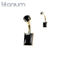 Implant Grade Titanium Gold PVD Black Agate Stone Rectangle Internally Threaded Belly Ring