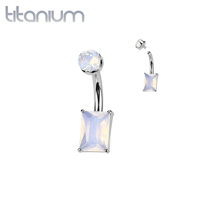 Implant Grade Titanium Rose Quartz Stone Rectangle Internally Threaded Belly Ring