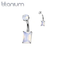 Implant Grade Titanium Rose Quartz Stone Rectangle Internally Threaded Belly Ring