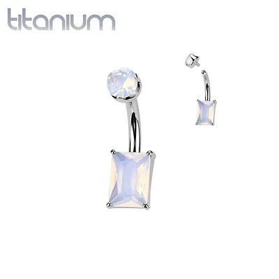 Implant Grade Titanium Rose Quartz Stone Rectangle Internally Threaded Belly Ring