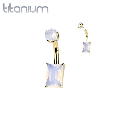 Implant Grade Titanium Gold PVD Rose Quartz Stone Rectangle Internally Threaded Belly Ring