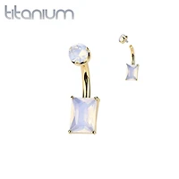 Implant Grade Titanium Gold PVD Rose Quartz Stone Rectangle Internally Threaded Belly Ring