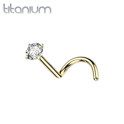 Implant Grade Titanium Gold PVD Corkscrew Nose Ring Stud  White CZ Gem