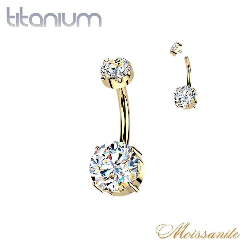 Implant Grade Titanium Gold PVD White Moissanite Internally Threaded Round Belly Ring