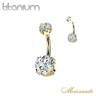 Implant Grade Titanium Gold PVD White Moissanite Internally Threaded Round Belly Ring