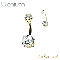 Implant Grade Titanium Gold PVD White Moissanite Internally Threaded Round Belly Ring