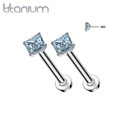 Pair of Implant Grade Titanium Threadless Square Aqua CZ Gem Earring Studs with Flat Back