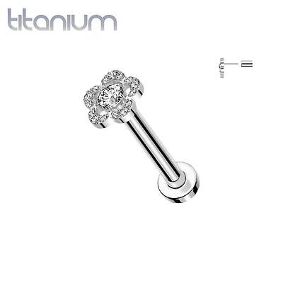 Implant Grade Titanium Threadless Large White CZ Petal Flower In Labret With Flat Back