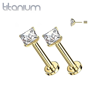 Pair Of Implant Grade Titanium Gold PVD Square White CZ Gem Threadless Push In Earring Studs With Flat Back