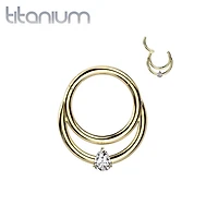 Implant Grade Titanium Gold PVD Double White CZ Gem Hinged Septum Daith Clicker Hoop