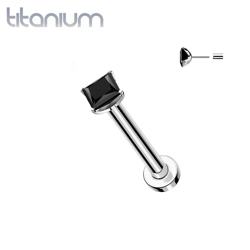 Implant Grade Titanium Square Black CZ Gem Threadless Push In Labret
