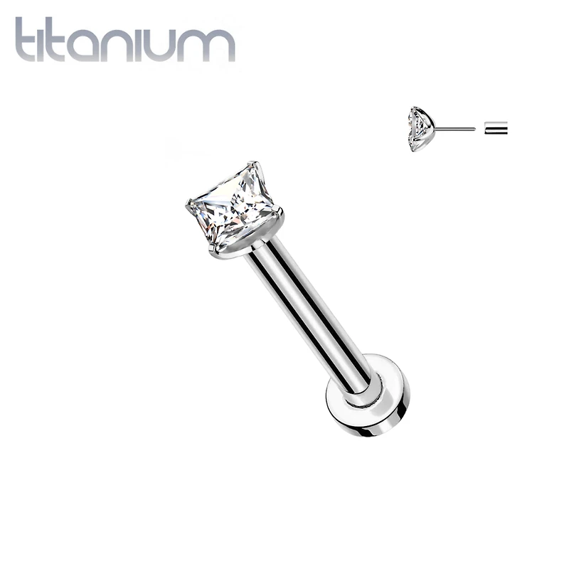Implant Grade Titanium Square White CZ Gem Threadless Push In Labret