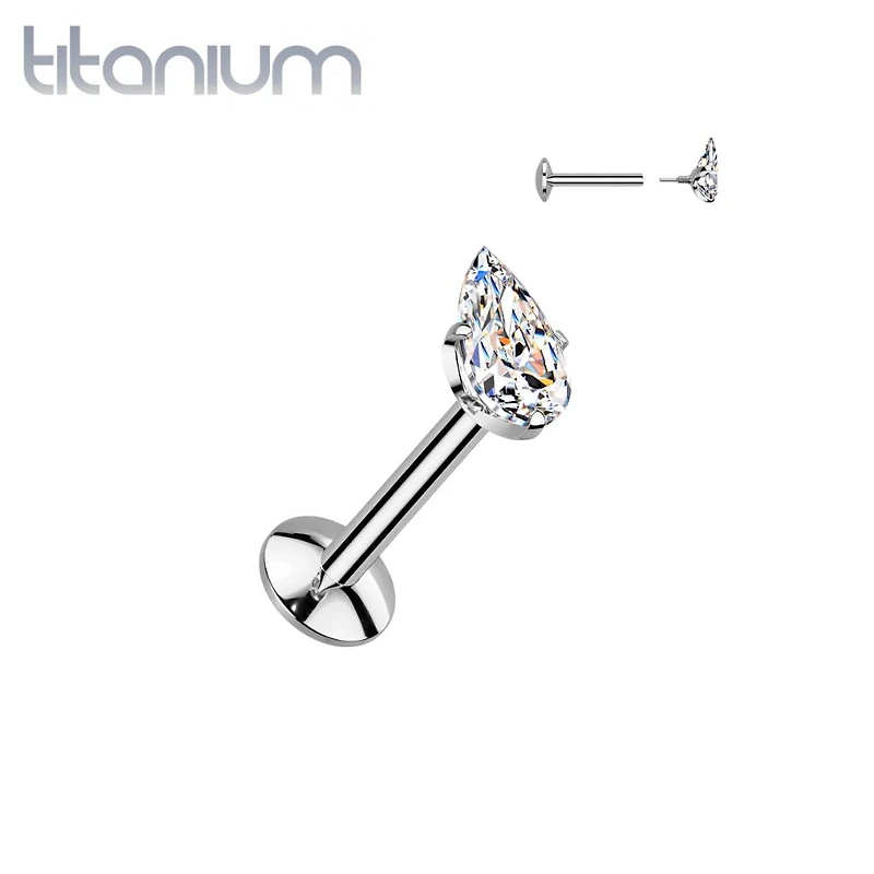 Implant Grade Titanium CZ Teardrop Shaped Internally Threaded Flat Back Labret