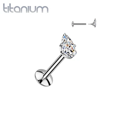 Implant Grade Titanium CZ Teardrop Shaped Internally Threaded Flat Back Labret
