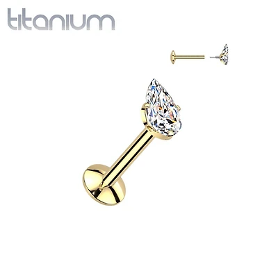 Implant Grade Titanium Gold PVD White CZ Teardrop Shaped Internally Threaded Flat Back Labret