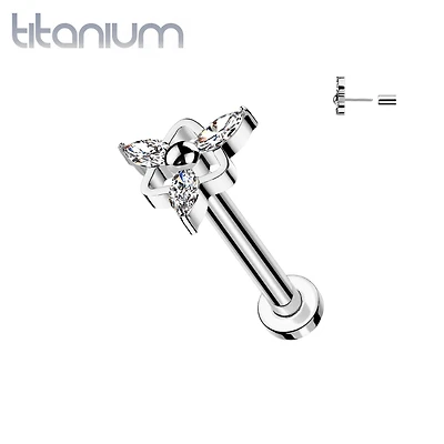 Implant Grade Titanium White CZ Marquise Triangle Design Threadless Push In Labret