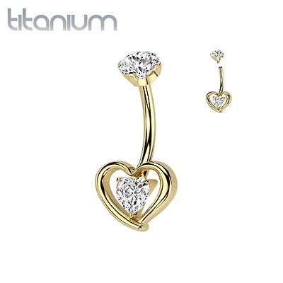 Implant Grade Titanium Gold PVD White CZ Heart Shaped Belly Ring
