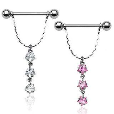 14ga 316L Surgical Steel Triple Star CZ Gem Dangle Nipple Ring Barbell