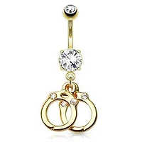 Gold PVD over Surgical Steel Dangling Clear CZ Double Handcuffs Belly Button Navel Ring