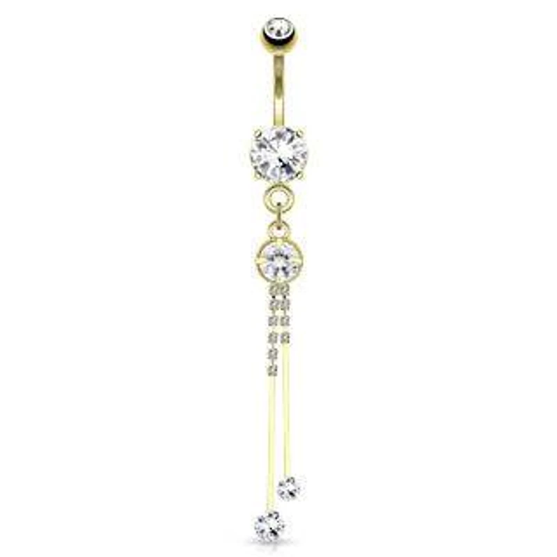 Gold PVD over Surgical Steel Dangling Multi Paved String White CZ Belly Button Navel Ring