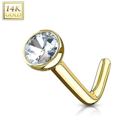 14KT Solid Gold L Shape Bent Bezel CZ Nose Ring Stud