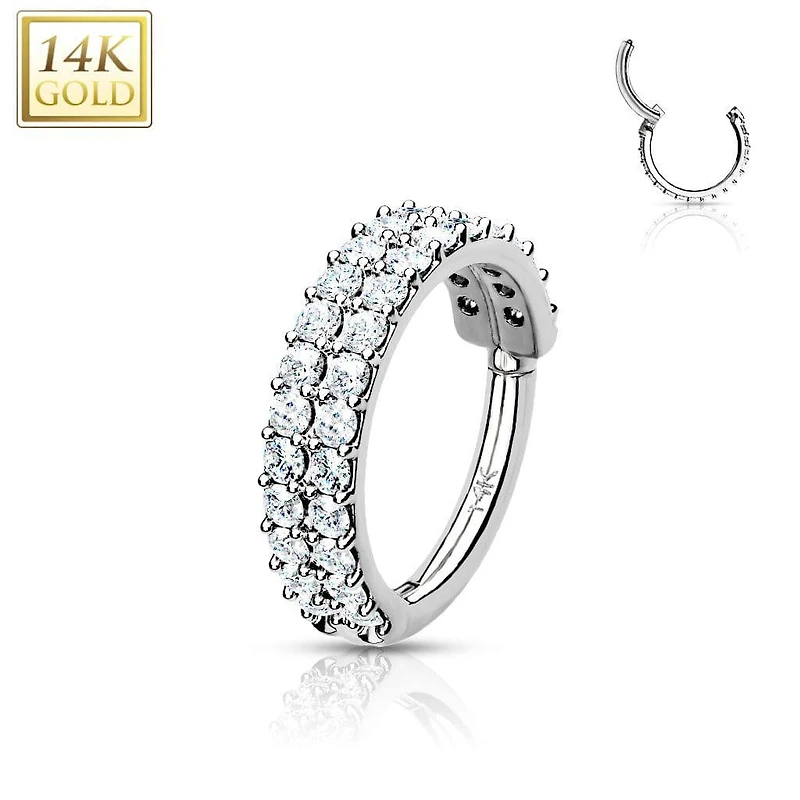 14KT Solid White Gold 2 Row White CZ Ear Cartilage Hinged Clicker Hoop