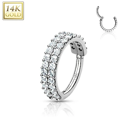 14KT Solid Gold 2 Row White CZ Ear Cartilage Hinged Clicker Hoop