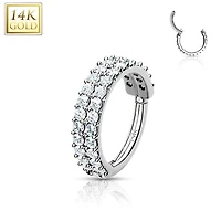 14KT Solid White Gold 2 Row White CZ Ear Cartilage Hinged Clicker Hoop