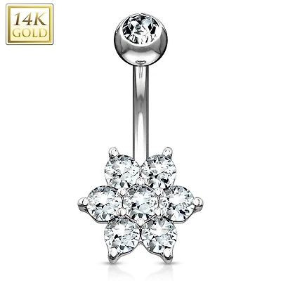 14KT Solid White Gold Flower White CZ Belly Ring
