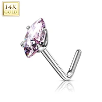 14KT Solid White Gold L Shape Pink Marquise CZ Nose Ring Stud