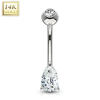 14KT Solid White Gold Tear Drop White CZ Belly Ring