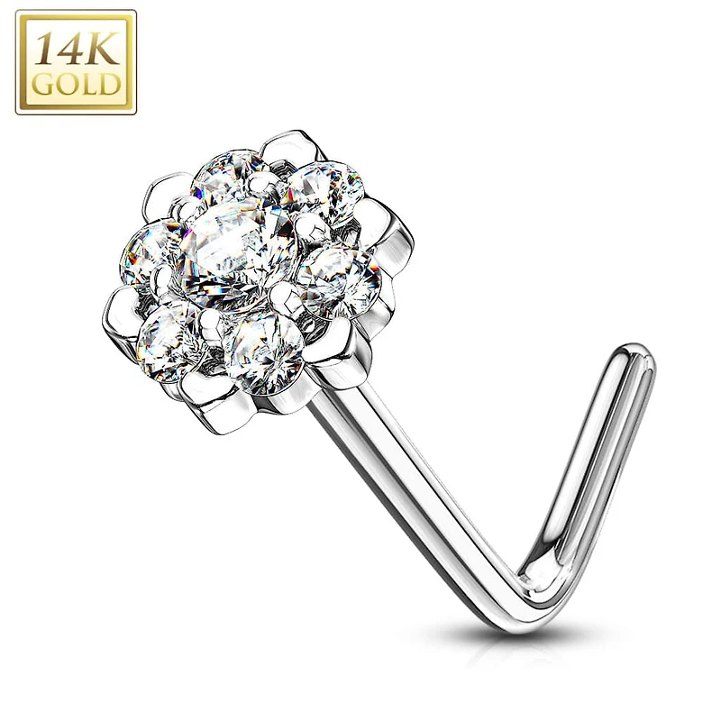 14KT Solid White Gold White CZ Cluster Flower L shape Nose Ring Stud