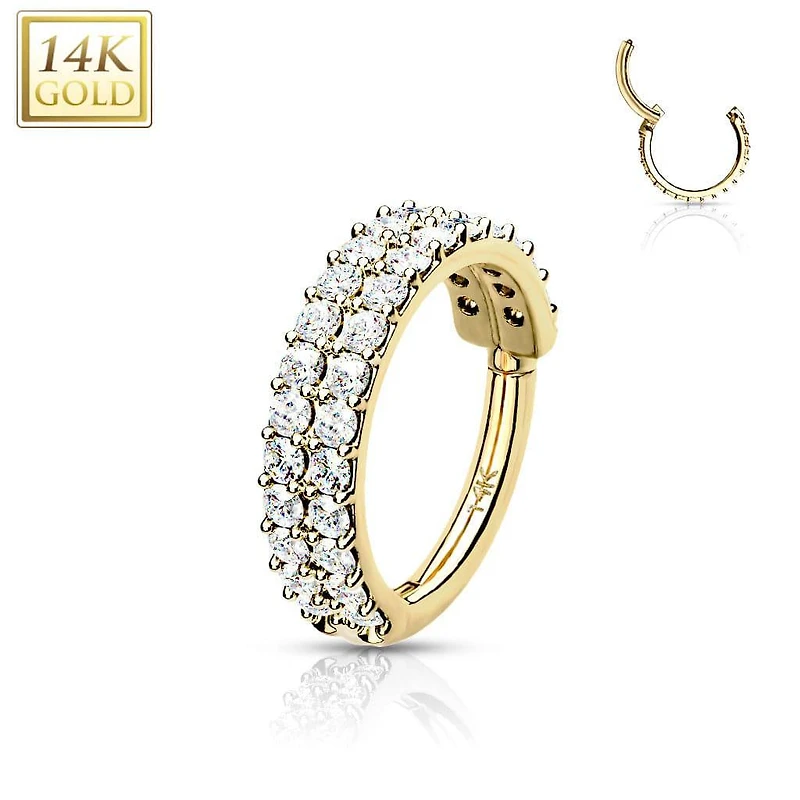 14KT Solid Yellow Gold 2 Row White CZ Ear Cartilage Hinged Clicker Hoop