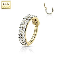 14KT Solid Yellow Gold 2 Row White CZ Ear Cartilage Hinged Clicker Hoop