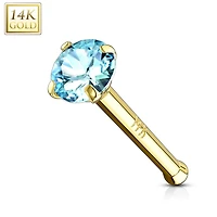 14KT Solid Yellow Gold Ball End Aqua CZ Prong Nose Pin Ring