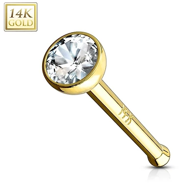 14KT Solid Yellow Gold Bezel White 2mm CZ Nose Bone Ring Stud