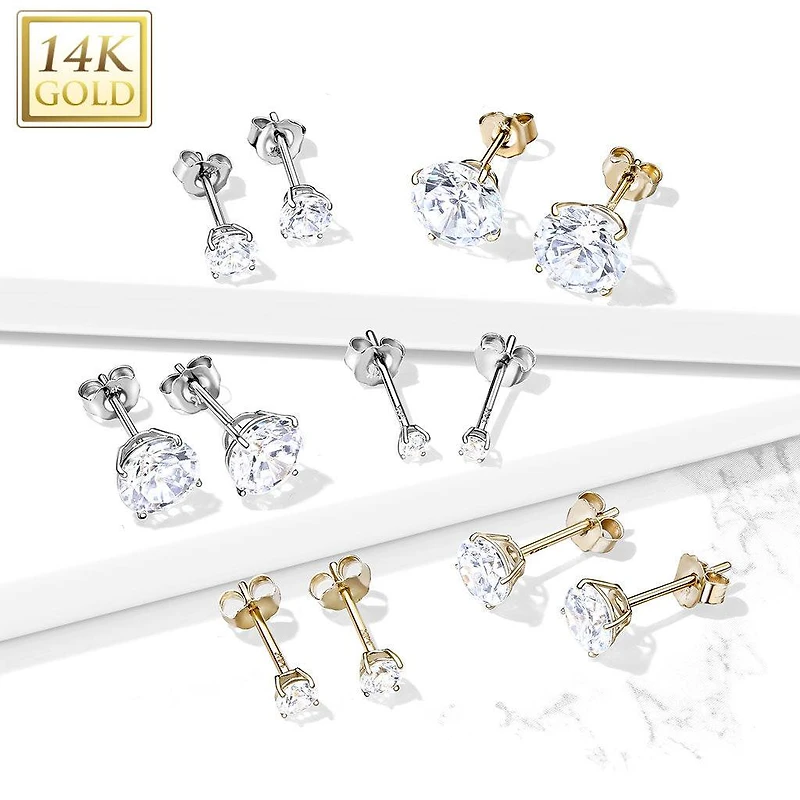 Pair of 14KT Solid Yellow Gold Circle Round White CZ Gem Stud Earrings