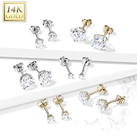 Pair of 14KT Solid Yellow Gold Circle Round White CZ Gem Stud Earrings