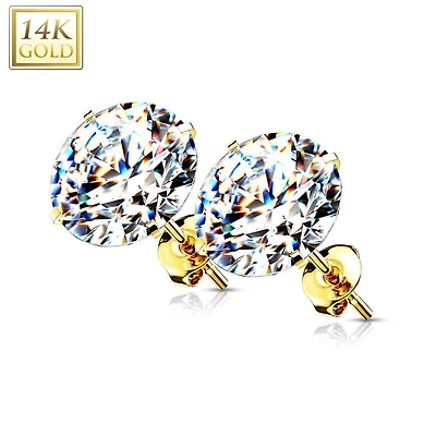 Pair of 14KT Solid Yellow Gold Circle Round White CZ Gem Stud Earrings
