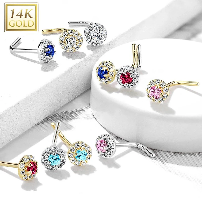 14KT Solid Yellow Gold L Shape Bent Pink & White CZ Cluster Nose Stud