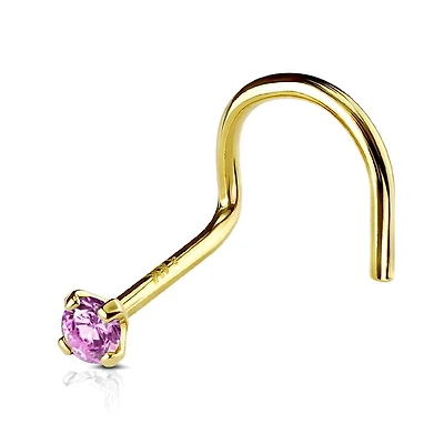 14KT Solid Yellow Gold Prong Pink CZ Gem Corkscrew Nose Ring Stud