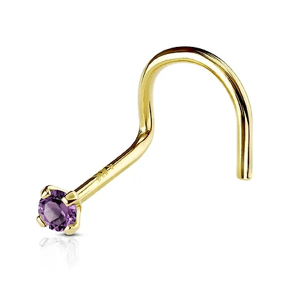 14KT Solid Yellow Gold Prong Purple CZ Gem Corkscrew Nose Ring Stud