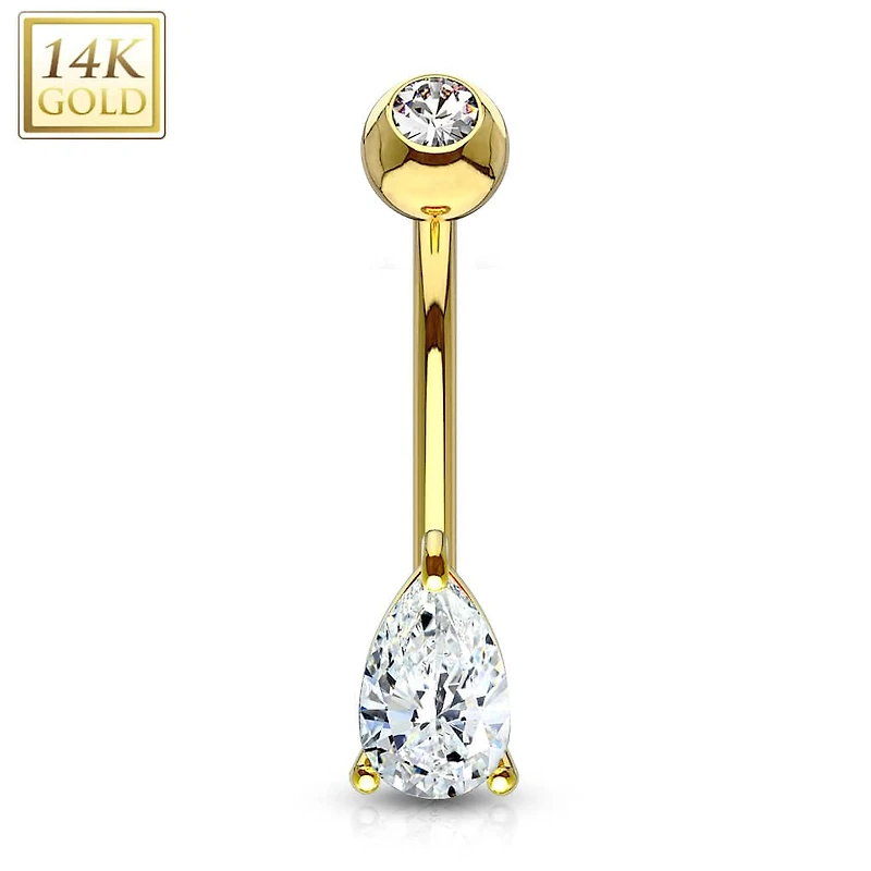 14KT Solid Yellow Gold Tear Drop White CZ Belly Ring