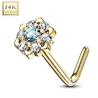 14KT Solid Yellow Gold White & Aqua CZ Cluster Flower L shape Nose Ring Stud